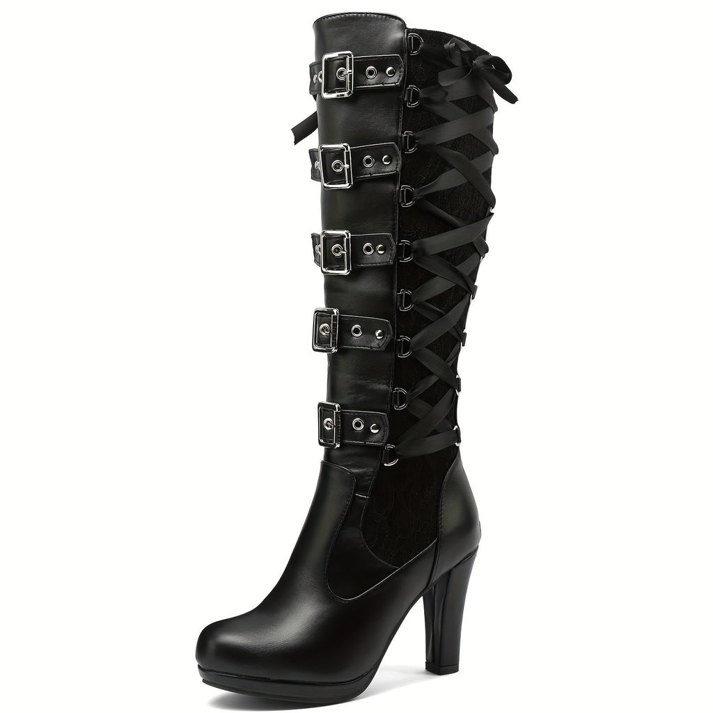 Bottes gothiques à plateforme hautes à boucles montantes jusqu'au genou