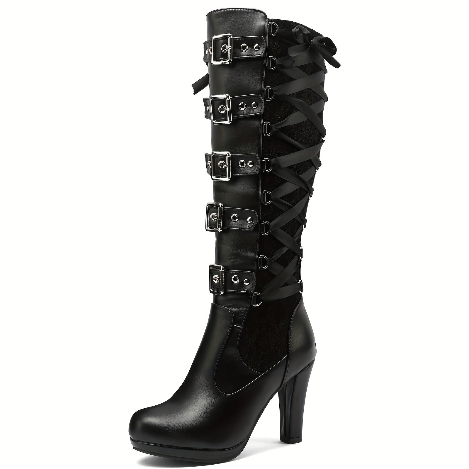 Bottes gothiques à plateforme hautes à boucles montantes jusqu'au genou