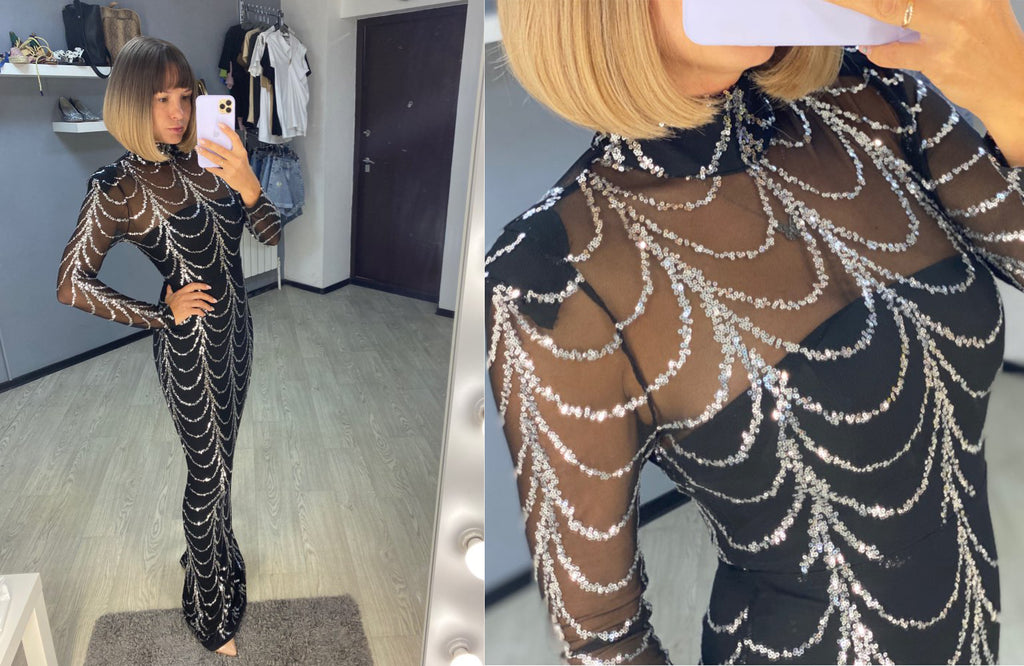 Robe longue de soirée à sequins gothique | Manches longues