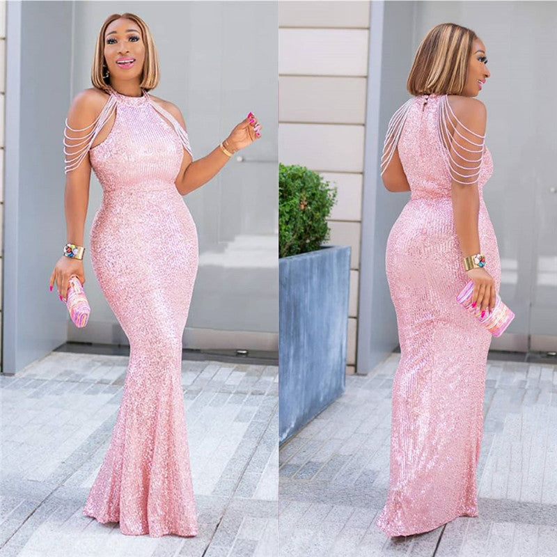 Sequin Fishtail Halter Maxi Dress | Formal Evening Gown
