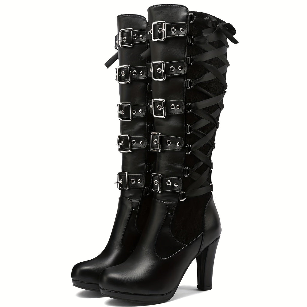 Bottes gothiques à plateforme hautes à boucles montantes jusqu'au genou