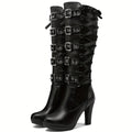Bottes gothiques à plateforme hautes à boucles montantes jusqu'au genou