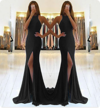 Robe de soirée longue en maille ajourée à col licou