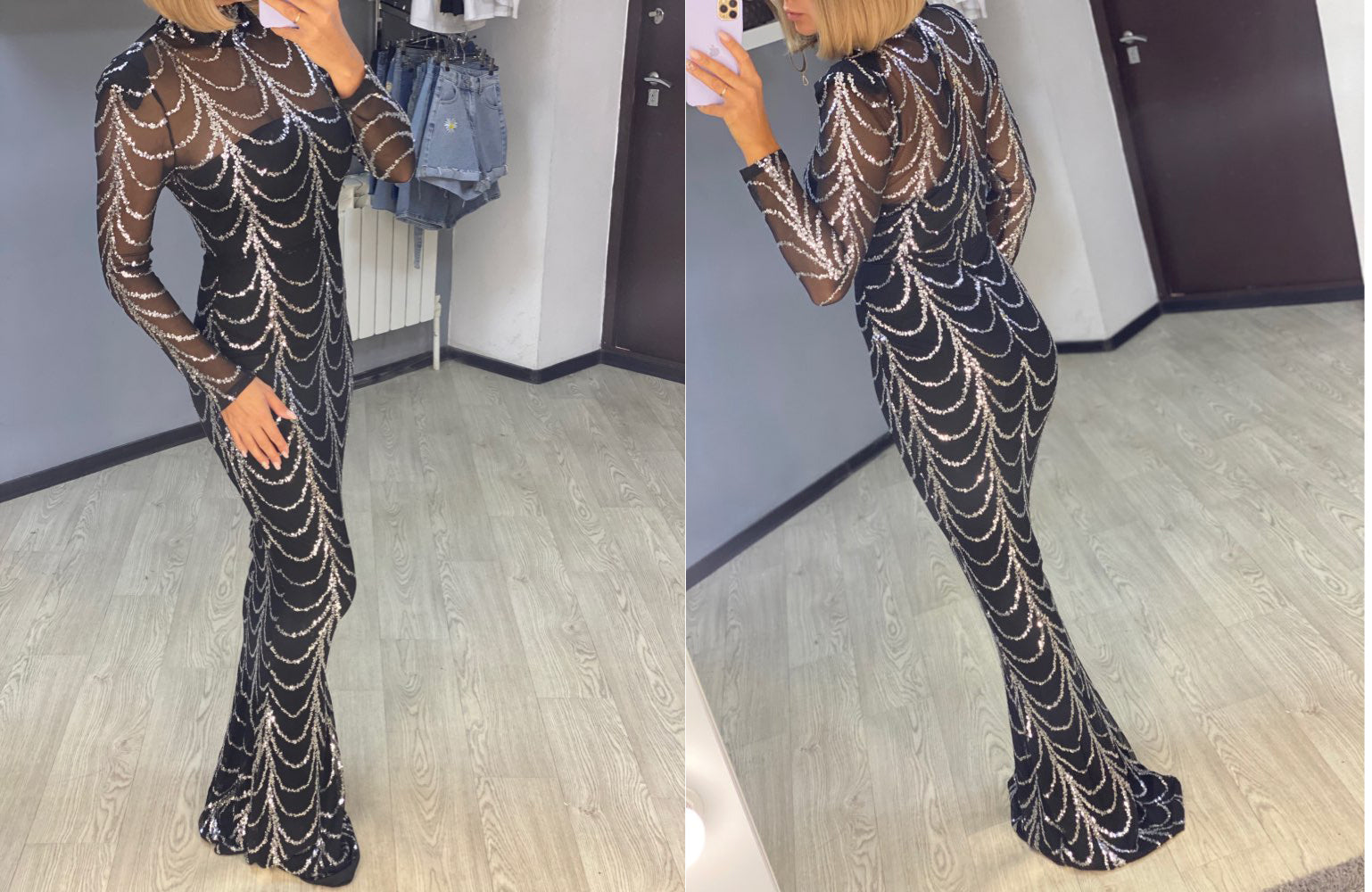 Robe longue de soirée à sequins gothique | Manches longues