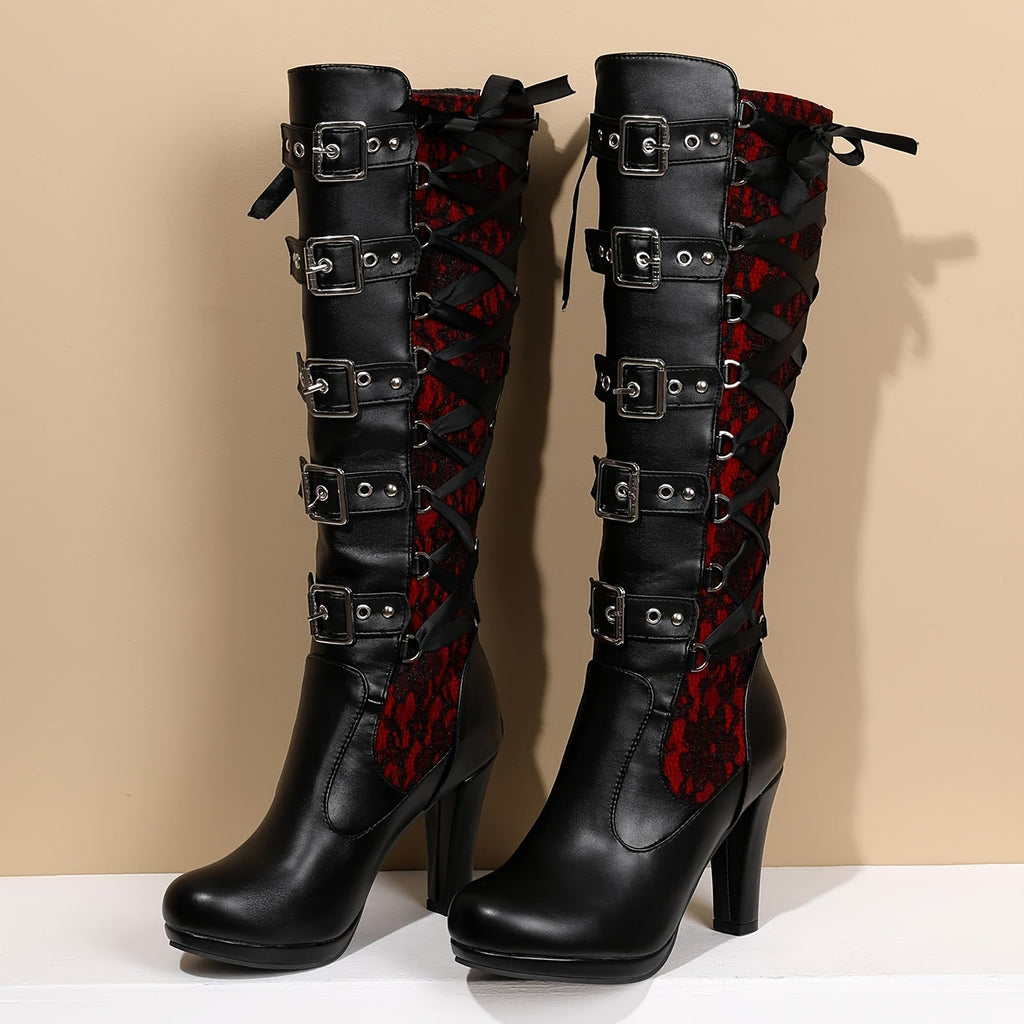 Bottes gothiques à plateforme hautes à boucles montantes jusqu'au genou