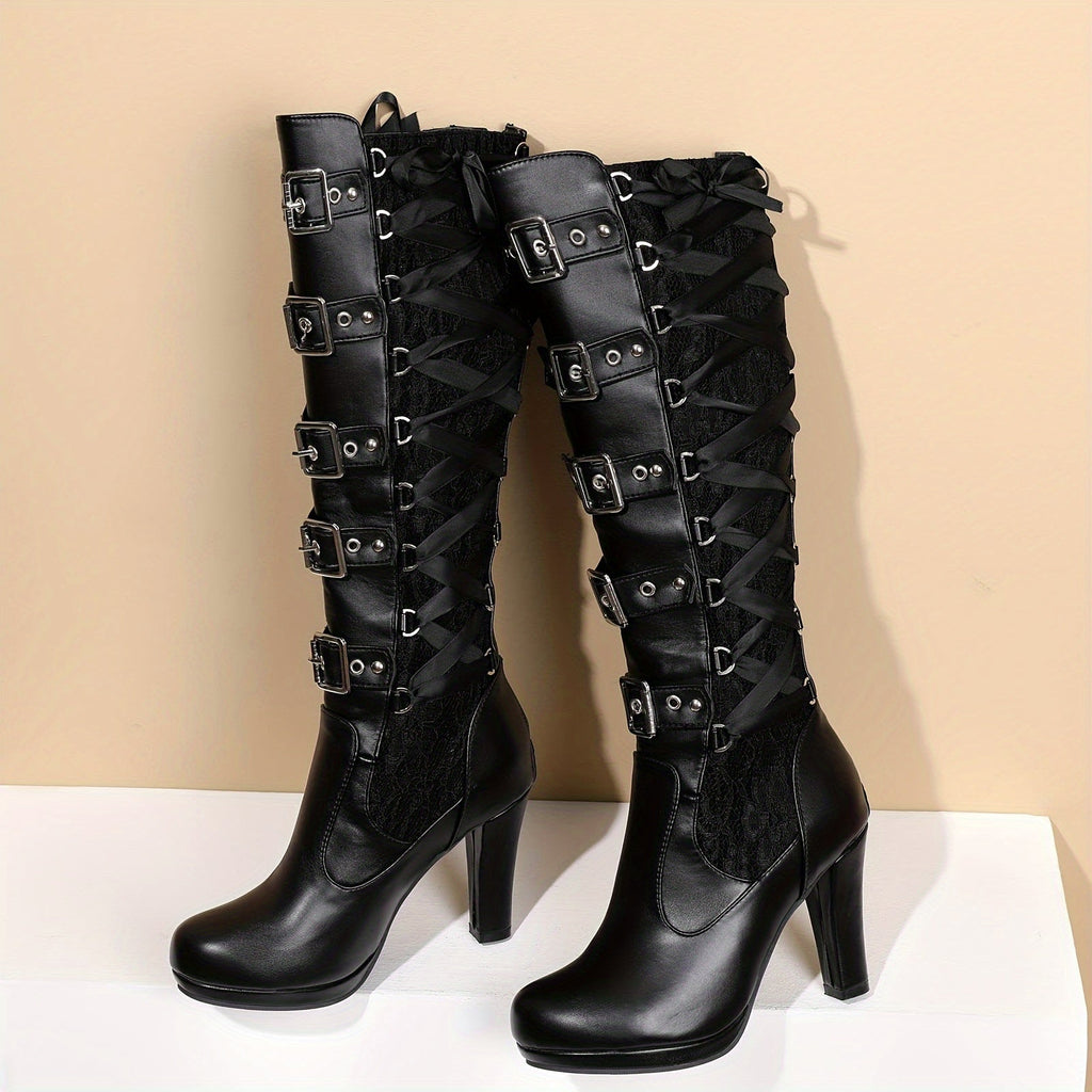Bottes gothiques à plateforme hautes à boucles montantes jusqu'au genou