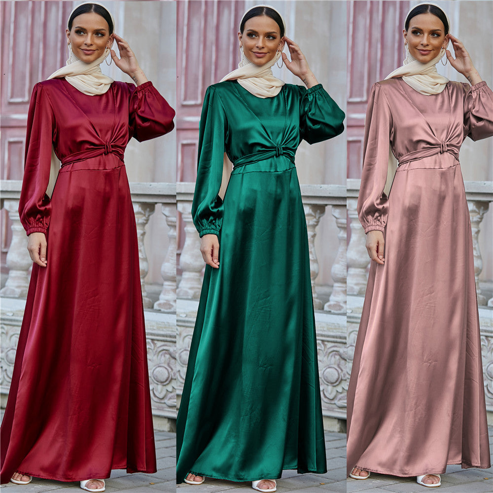Robe longue en satin modeste | Robe de demoiselle d'honneur et de soirée compatible avec le hijab