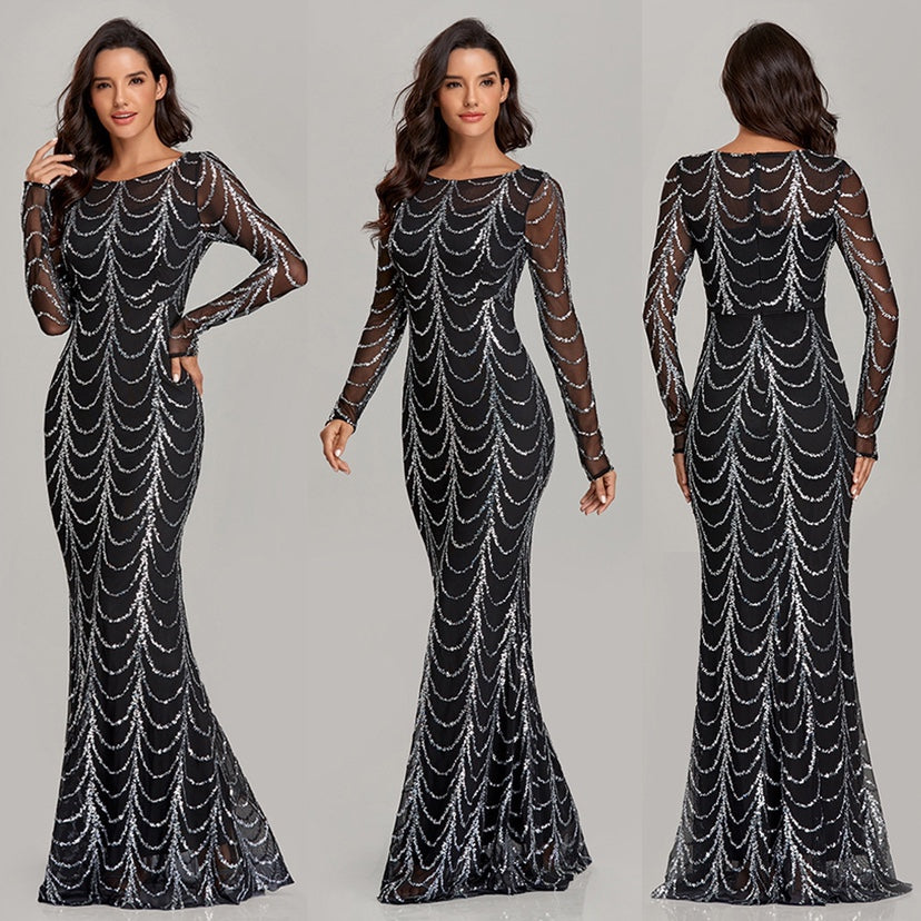 Robe longue de soirée à sequins gothique | Manches longues