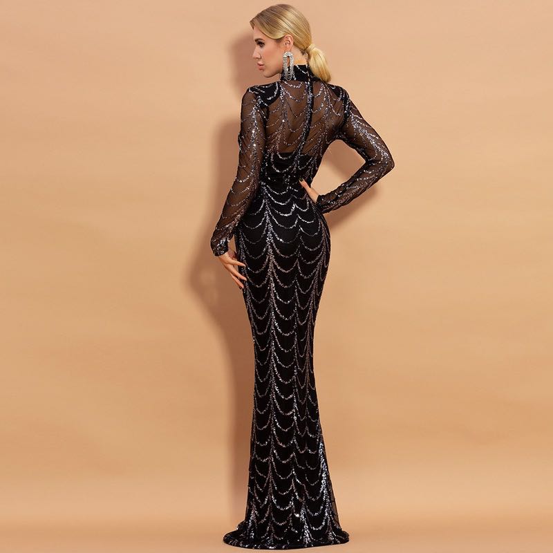 Robe longue de soirée à sequins gothique | Manches longues