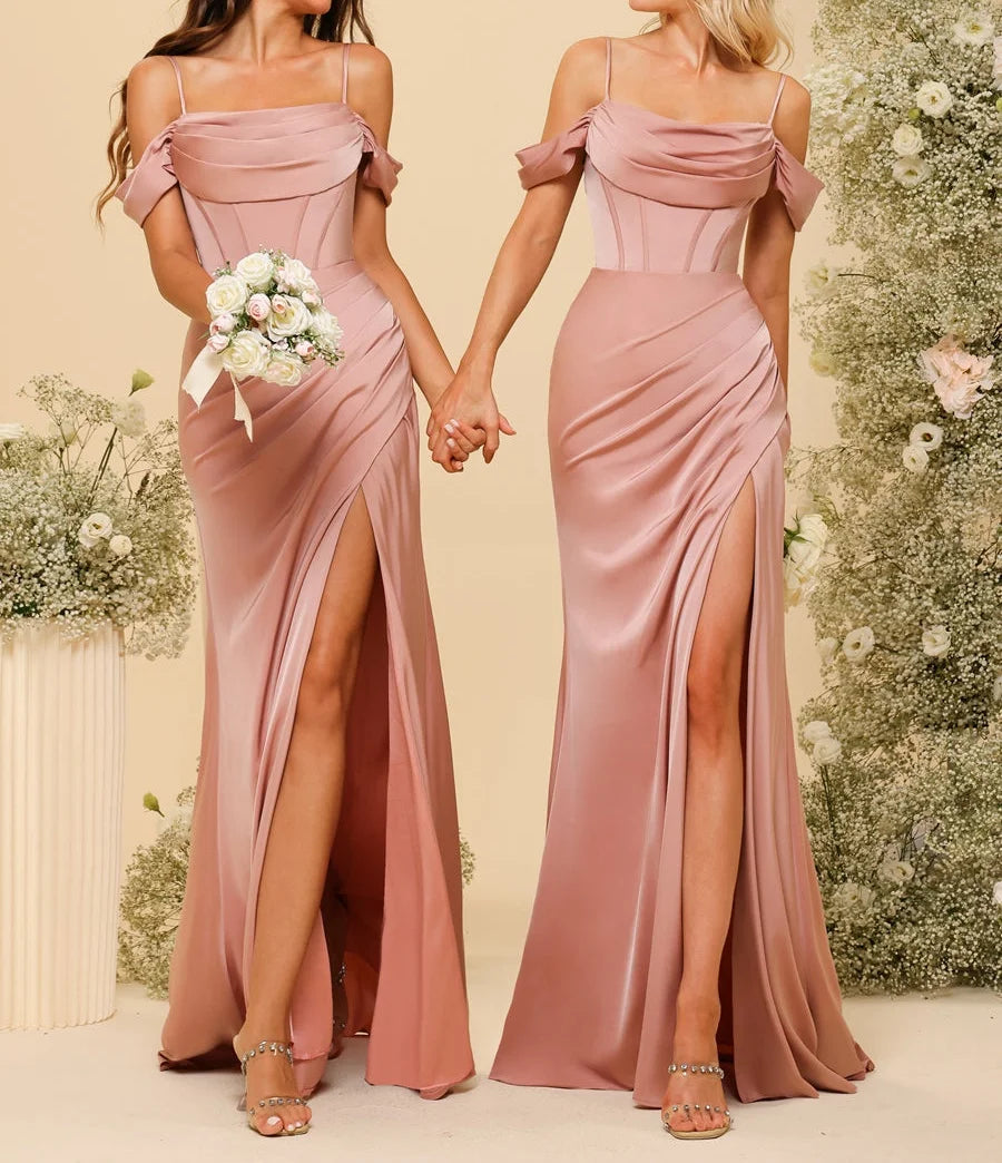 Robes longues de demoiselle d'honneur en satin à fines bretelles, épaules dénudées, fente latérale et drapé, robes de soirée élégantes sans dos