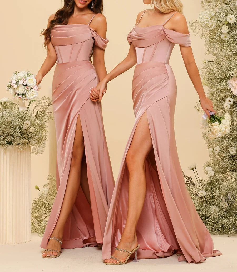 Robes longues de demoiselle d'honneur en satin à fines bretelles, épaules dénudées, fente latérale et drapé, robes de soirée élégantes sans dos