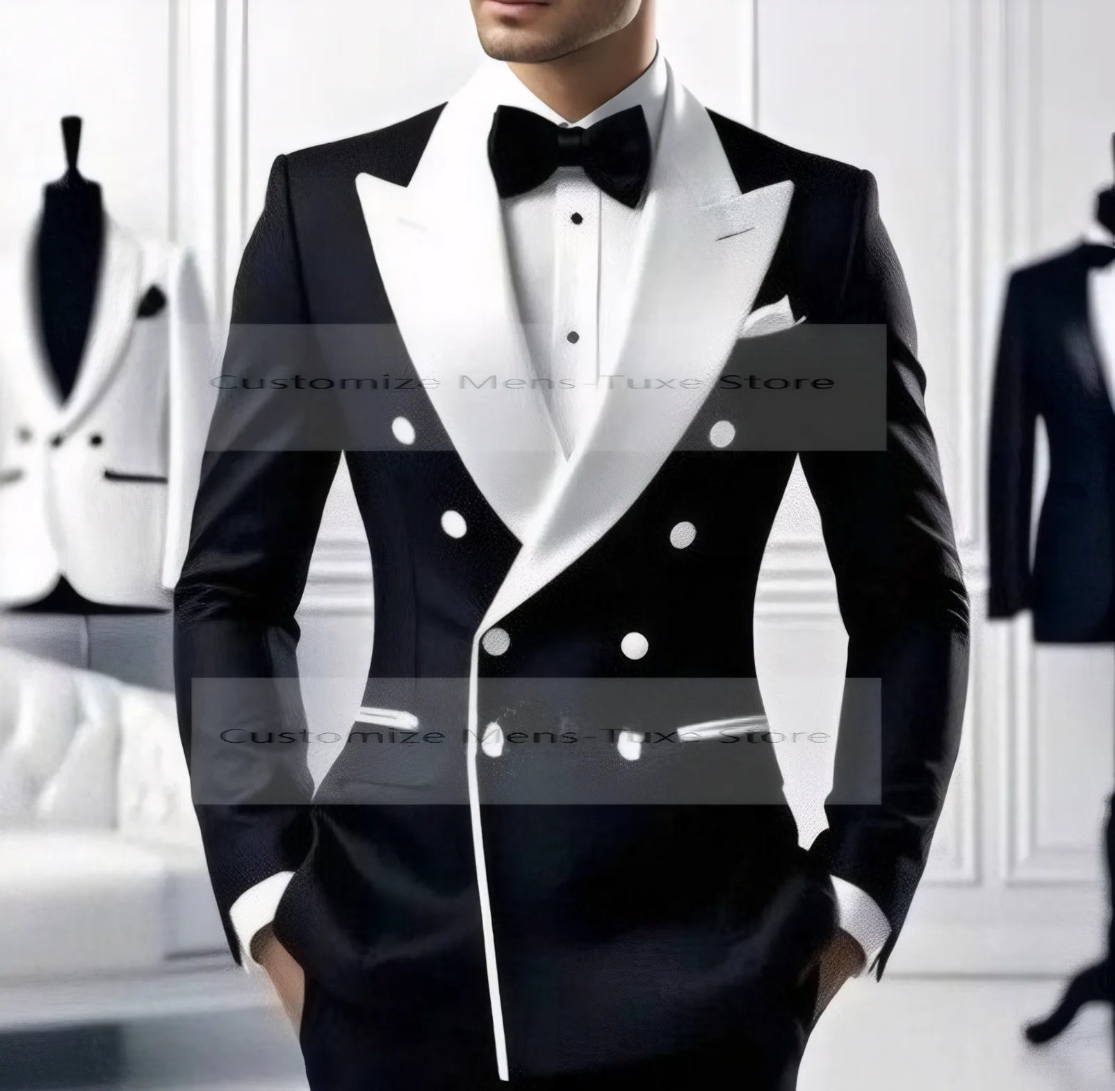Costume homme noir col blanc pour occasion formelle, marié, témoin, mariage, bal de promo, affaires décontractées, smoking, ensemble 2 pièces blazer pantalon