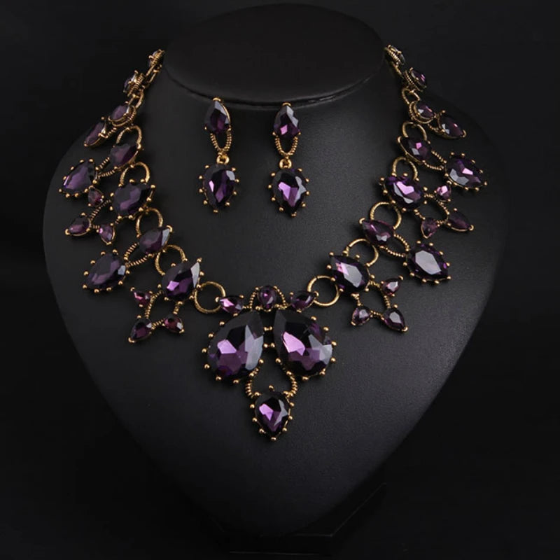 Parure de mariée collier et boucles d'oreilles en verre et pierres — Bijoux de mariage plaqué or