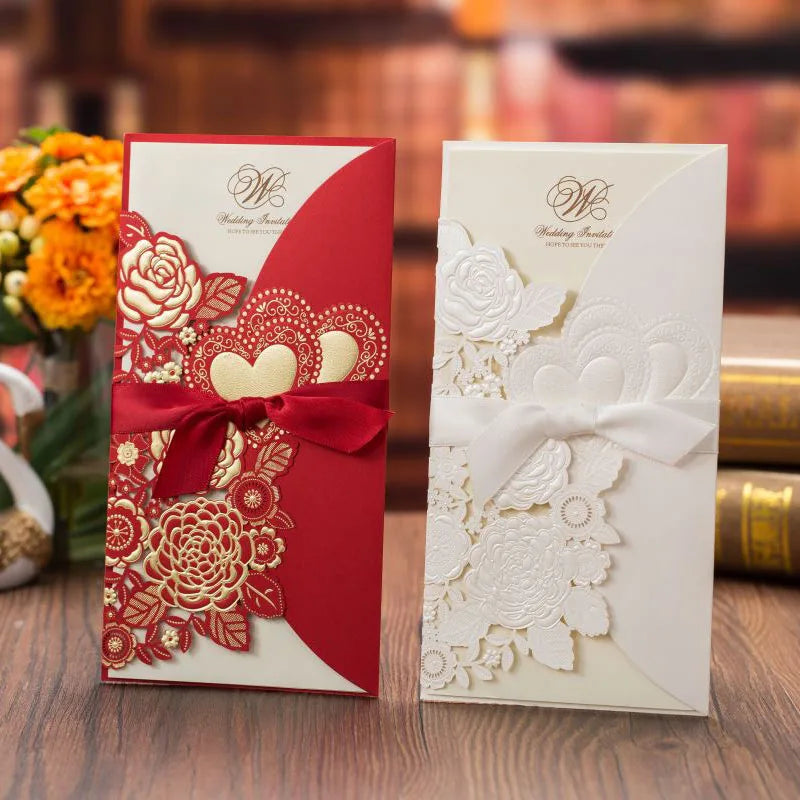 5/10 Pièces Cartes d'Invitation de Mariage Découpées au Laser Cœur d'Amour Personnalisées Cartes de Vœux avec Ruban Fournitures de Fête de Mariage ou de Douche Nuptiale