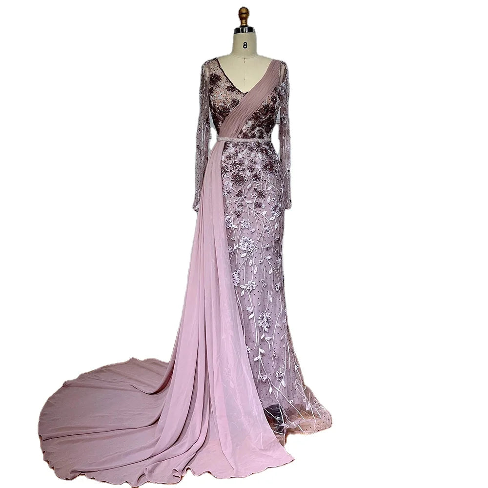 Robe de soirée sirène de luxe Feishiluo pour femmes, manches longues, perlée à la main, robe de bal, décorée de paillettes, taille naturelle