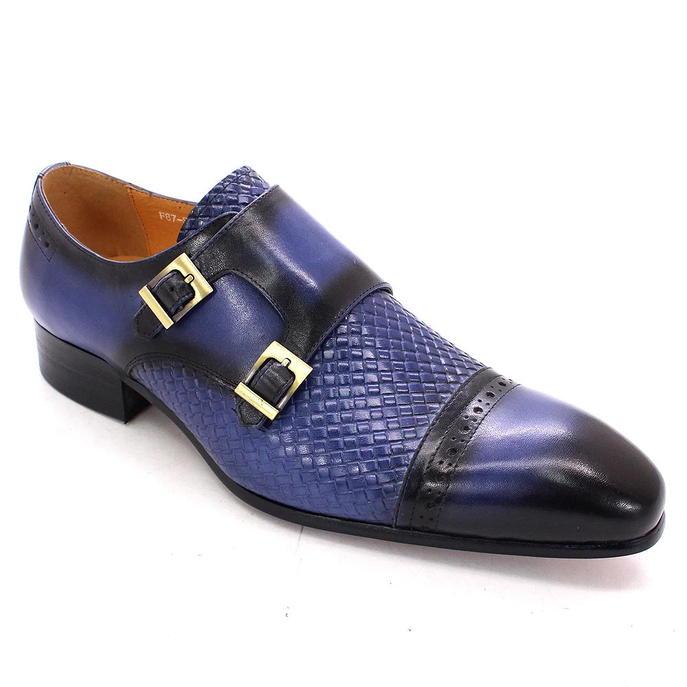 Classic Mens Dress Shoes Genuine Leather Double Buckle Monk Strap Cap Toe Blue Black Wedding Business Formal Suit Shoes for Men