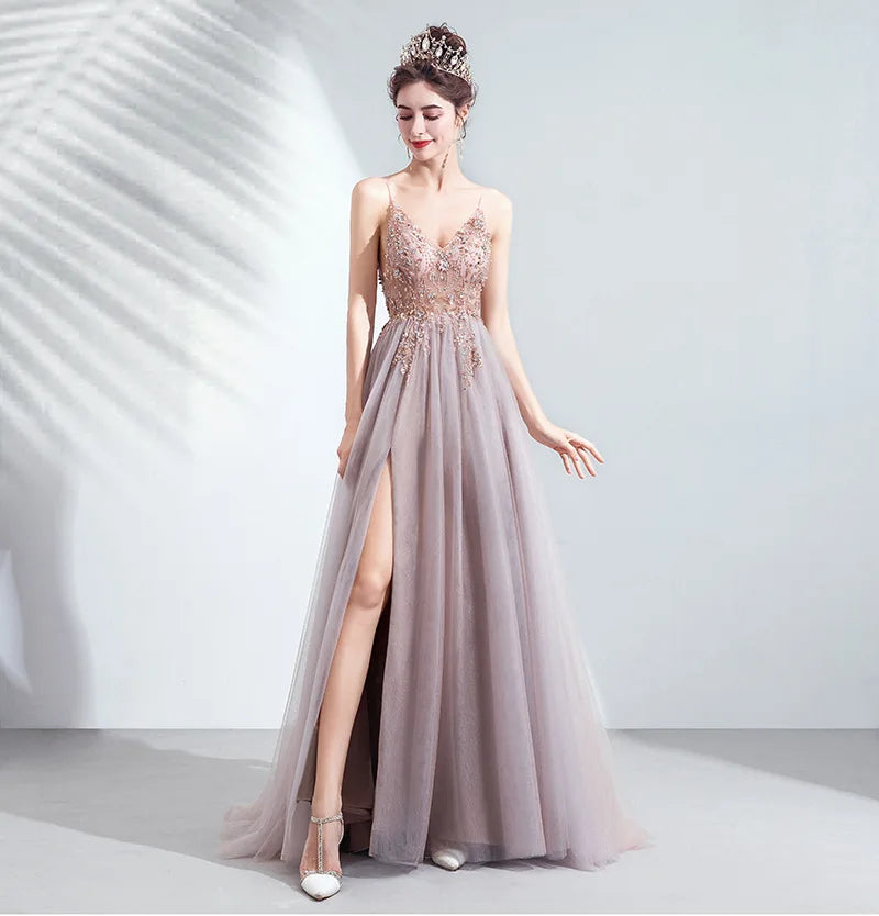 Robe de soirée de mariée rose à fente haute, nouveau style été 2026, coupe Empire, antistatique, pour défilés et dîners de galas annuels