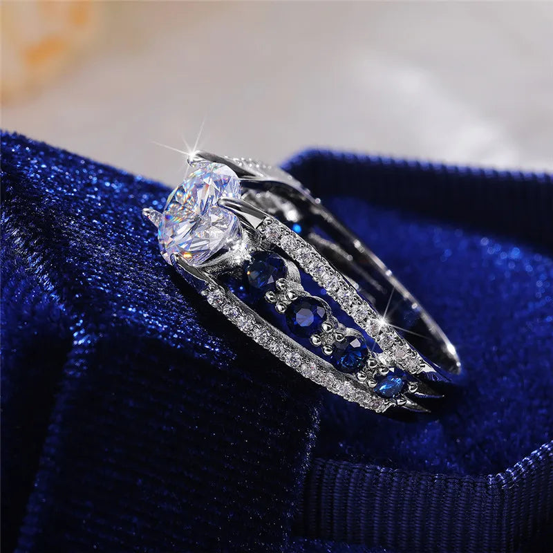 Blue & White Round CZ Wedding Ring — Elegant Bridal Band