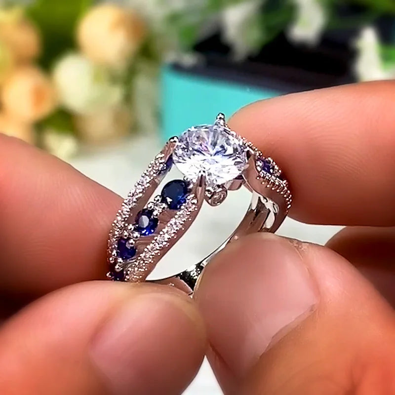 Blue & White Round CZ Wedding Ring — Elegant Bridal Band