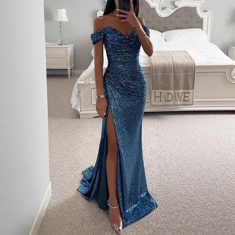 Robe de soirée élégante d'été pour femmes, robe de soirée sexy à col unique, paillettes, respirante, longue, fendue, nouvelle couleur unie