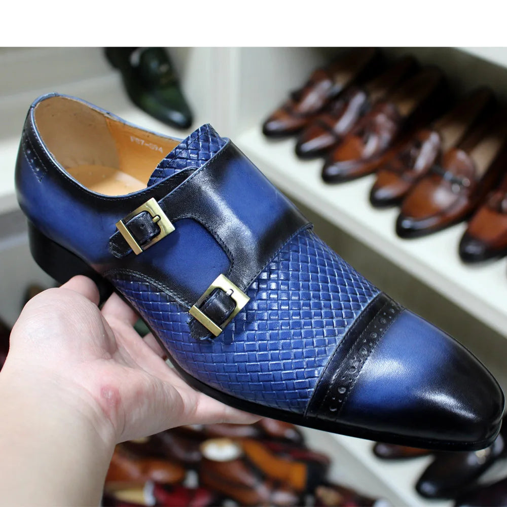 Classic Mens Dress Shoes Genuine Leather Double Buckle Monk Strap Cap Toe Blue Black Wedding Business Formal Suit Shoes for Men