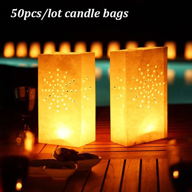 50 pièces/lot Photophore Chauffe-plat Luminaria en papier Sac à bougies pour Noël Fête de mariage en plein air Décoration Fête