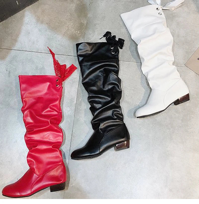 Chaussures Femme 2022 Printemps Bottes Hautes au Genou Rouge Noir Blanc Bottes Hautes Femme Plissées Talon Bas Décontracté Cuir Chaussures Longues Femme