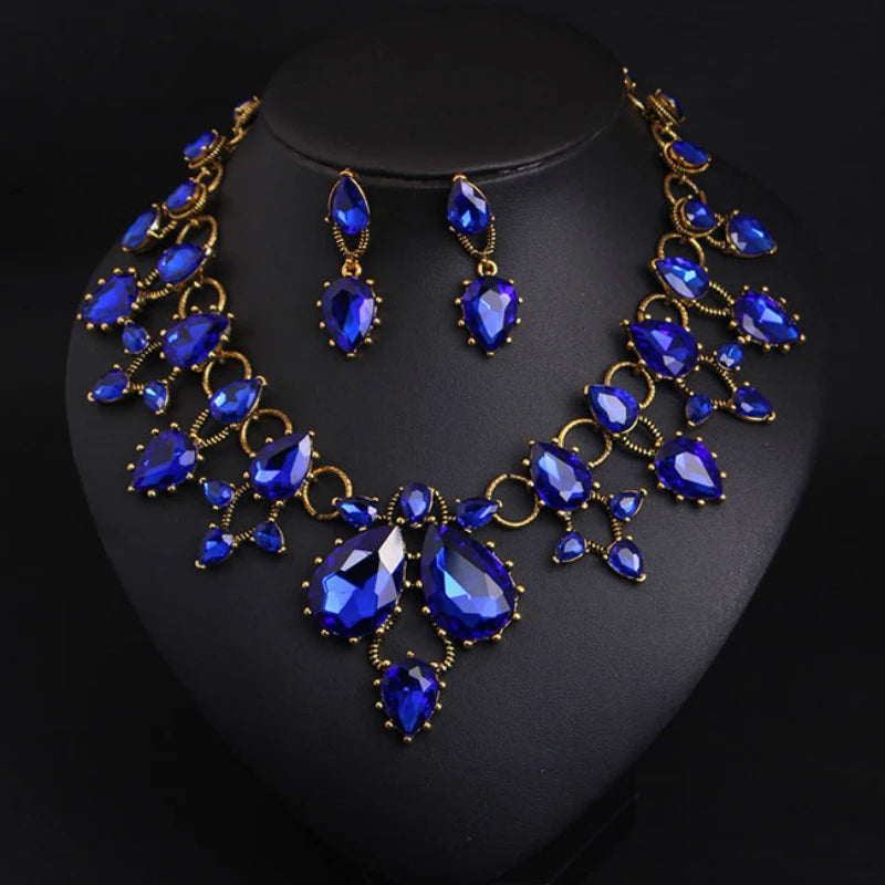 Parure de mariée collier et boucles d'oreilles en verre et pierres — Bijoux de mariage plaqué or