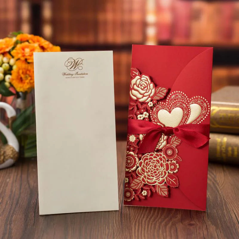 5/10 Pièces Cartes d'Invitation de Mariage Découpées au Laser Cœur d'Amour Personnalisées Cartes de Vœux avec Ruban Fournitures de Fête de Mariage ou de Douche Nuptiale