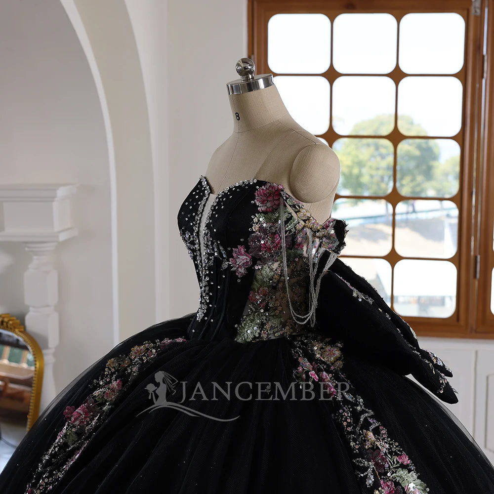 Robe de Quinceañera noire chapelle, Robe de bal scintillante pour fille, Grande nœud en dentelle, Robe de 16 ans Wc041