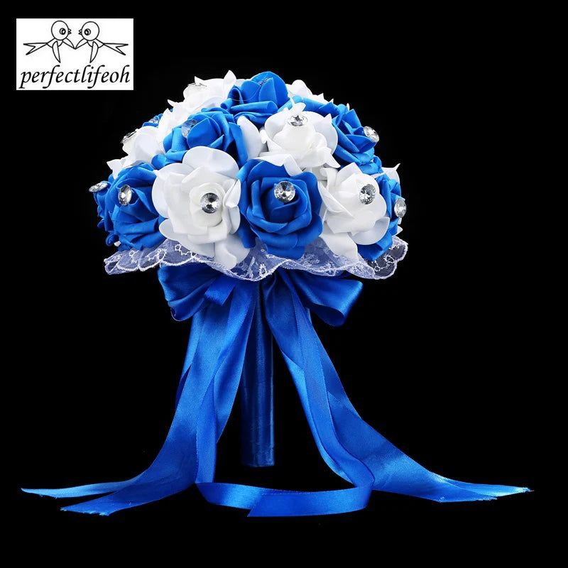 Handmade Blue & White Artificial Rose Bridal Bouquet