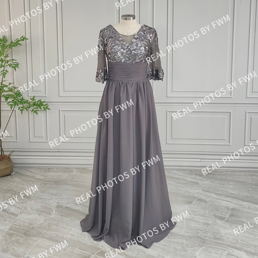 Vraies Photos Robe Longue en Mousseline de Soie de Haute Qualité pour la Mère de la Mariée Élégante Femme Pailletée Manches Mi-longues Robe de Soirée