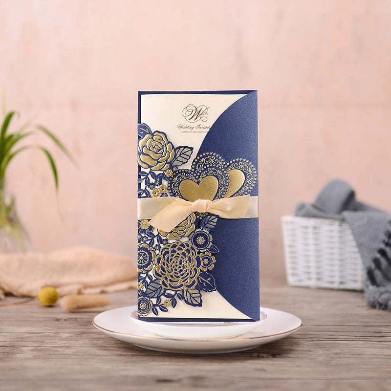 5/10 Pièces Cartes d'Invitation de Mariage Découpées au Laser Cœur d'Amour Personnalisées Cartes de Vœux avec Ruban Fournitures de Fête de Mariage ou de Douche Nuptiale