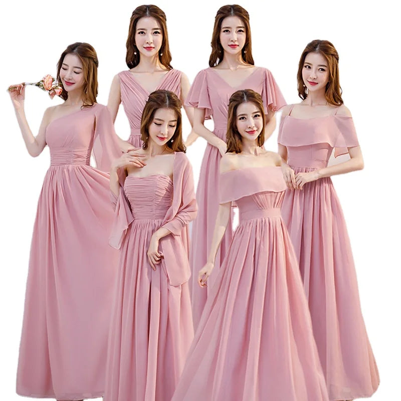 Nouvelle Robe de Demoiselle d'Honneur en Mousseline Rose, Coupe Évasée, Robe de Soirée Simple et Pas Chère pour Femmes