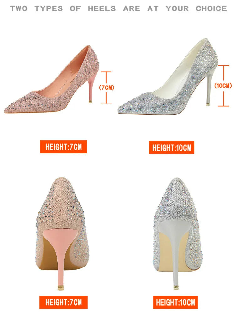 BIGTREE Chaussures Escarpins à talons hauts 7/10cm Strass Femme Noir Rose Mode Bout Pointu Cristal Mariage Chaussures de fête pour femme Automne