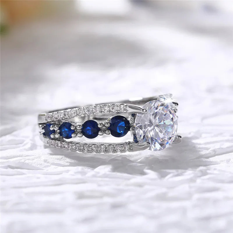 Blue & White Round CZ Wedding Ring — Elegant Bridal Band