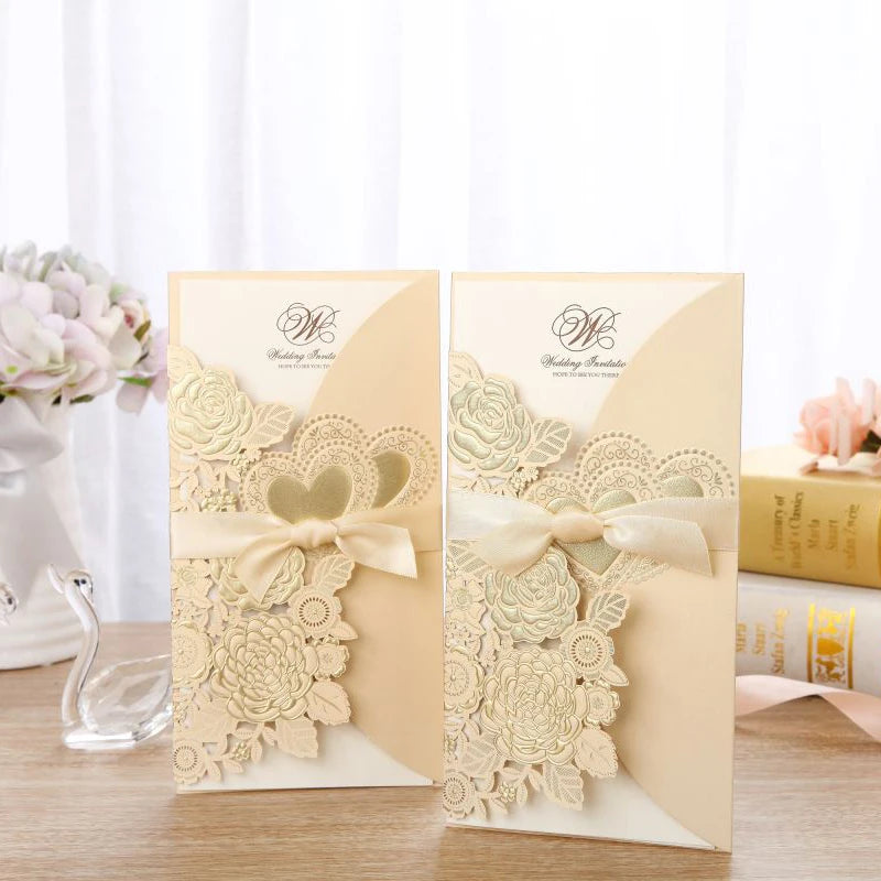 5/10 Pièces Cartes d'Invitation de Mariage Découpées au Laser Cœur d'Amour Personnalisées Cartes de Vœux avec Ruban Fournitures de Fête de Mariage ou de Douche Nuptiale