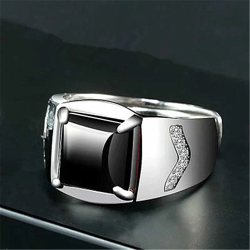 Male Ring For Bridegroom Wedding Accessories On Finger Trendy Silver 925 Ring For Men Jewelry Cool Crystal Black Square Bijou