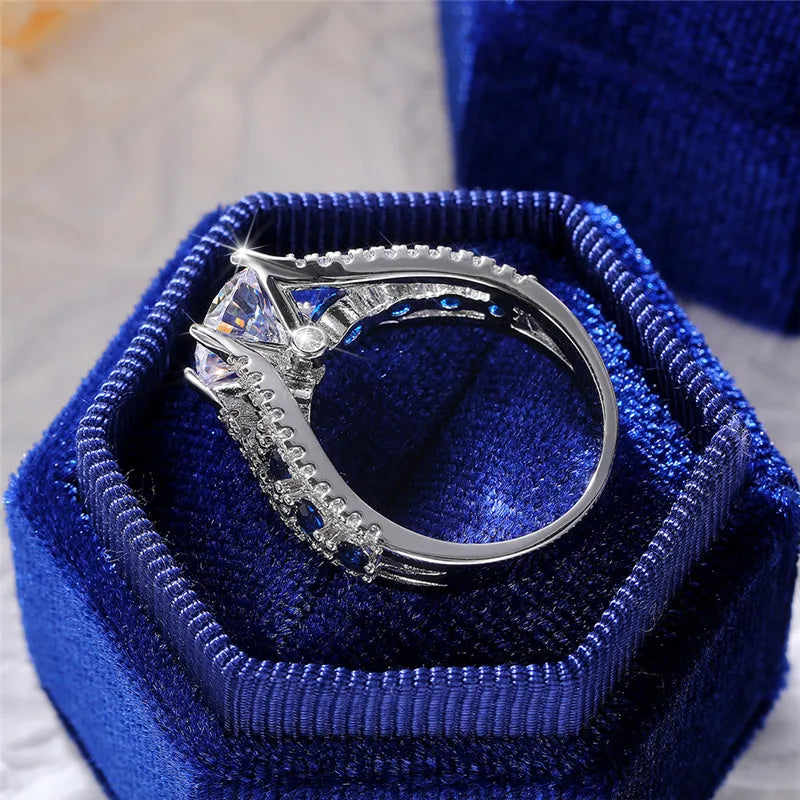 Blue & White Round CZ Wedding Ring — Elegant Bridal Band