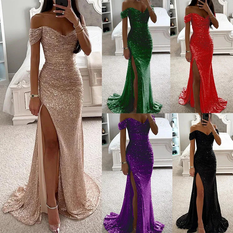 Robe de soirée élégante d'été pour femmes, robe de soirée sexy à col unique, paillettes, respirante, longue, fendue, nouvelle couleur unie