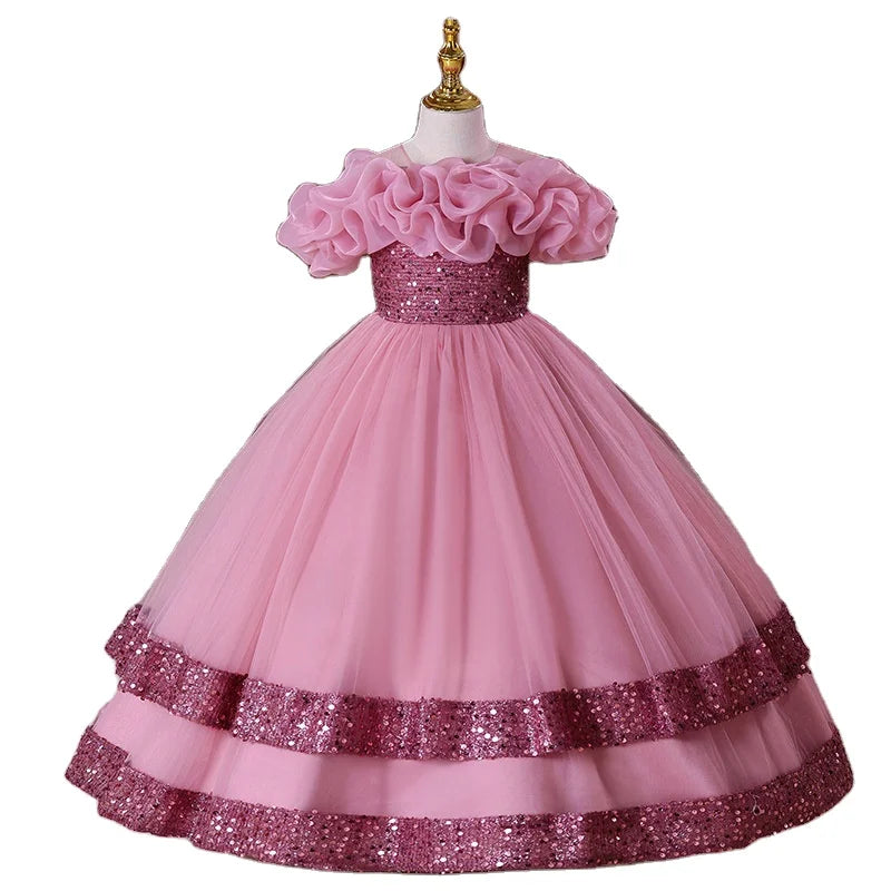 2026 Nouvelle robe de princesse de mariage blanche pour enfants, robe de soirée pour fille, costume de performance de piano, petite robe en dentelle bouffante en tulle à volants pour petites filles