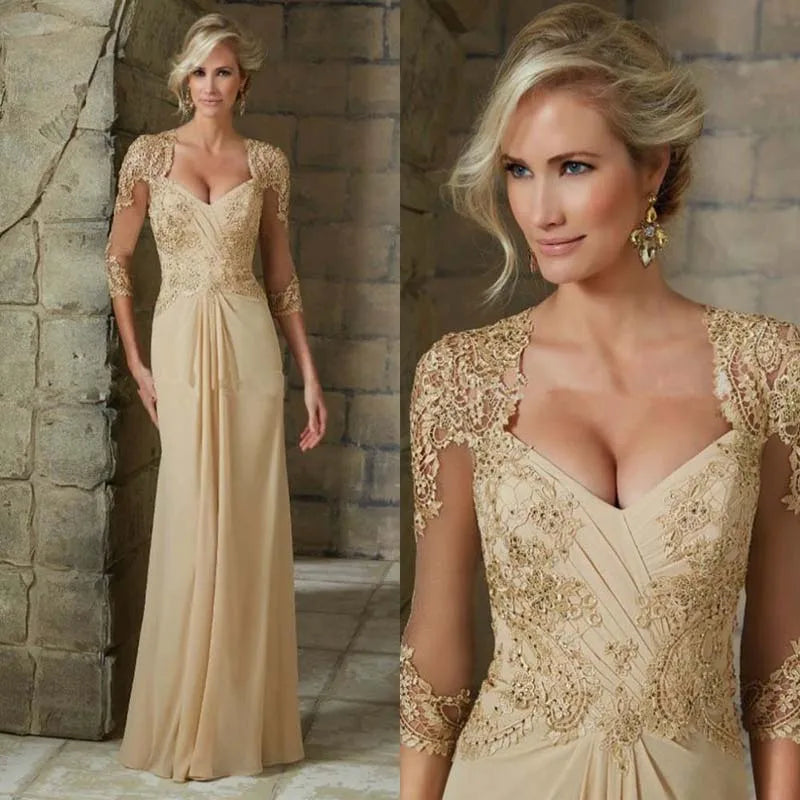 Superbes Robes Mères en Dentelle Champagne 2024 Robes de Mère de la Mariée Cœur Avec Manches 3/4 Robes de Soirée de Mariage Dos Nu