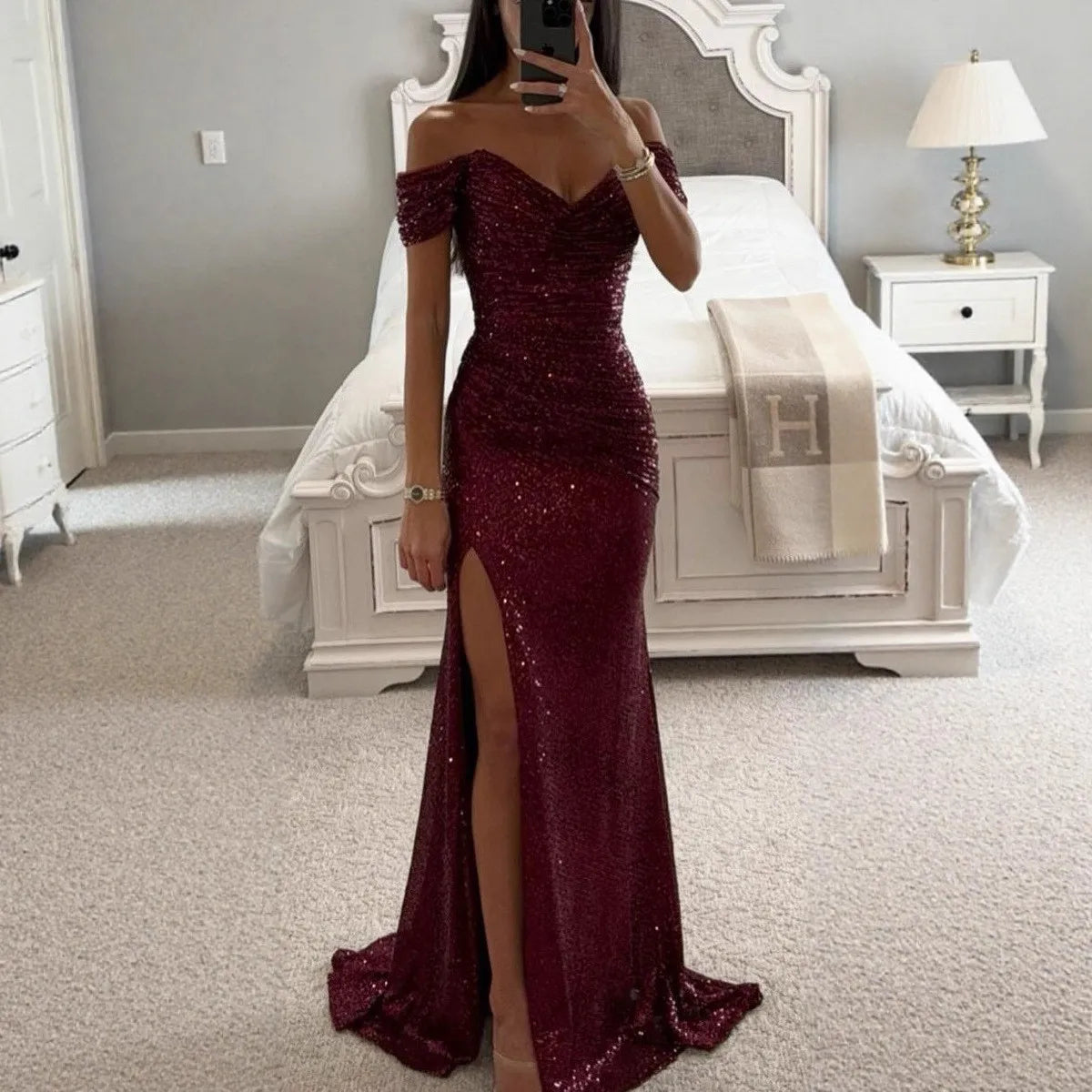 Robe de soirée élégante d'été pour femmes, robe de soirée sexy à col unique, paillettes, respirante, longue, fendue, nouvelle couleur unie