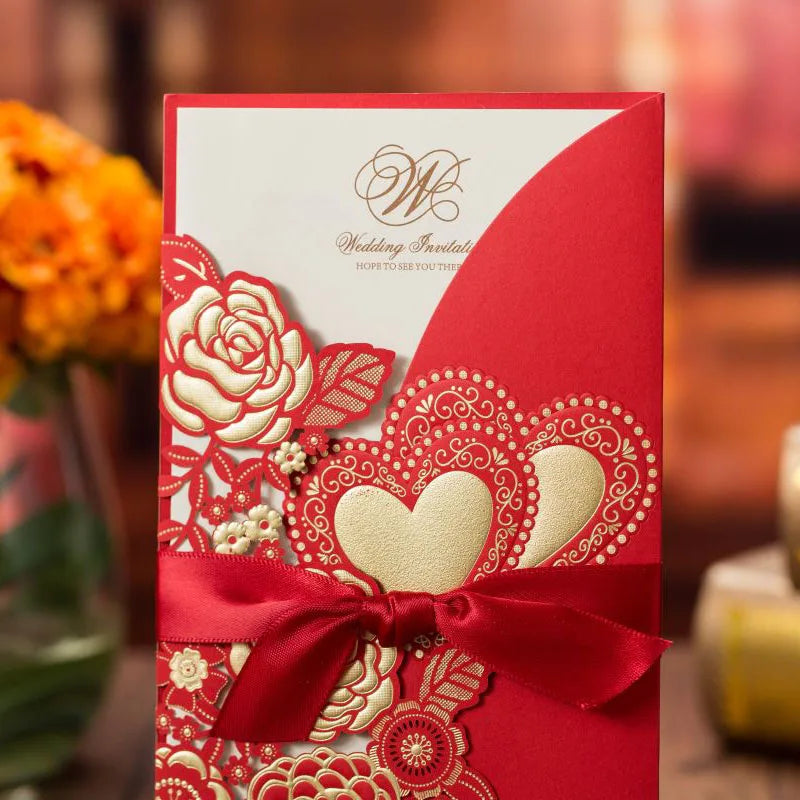 5/10 Pièces Cartes d'Invitation de Mariage Découpées au Laser Cœur d'Amour Personnalisées Cartes de Vœux avec Ruban Fournitures de Fête de Mariage ou de Douche Nuptiale