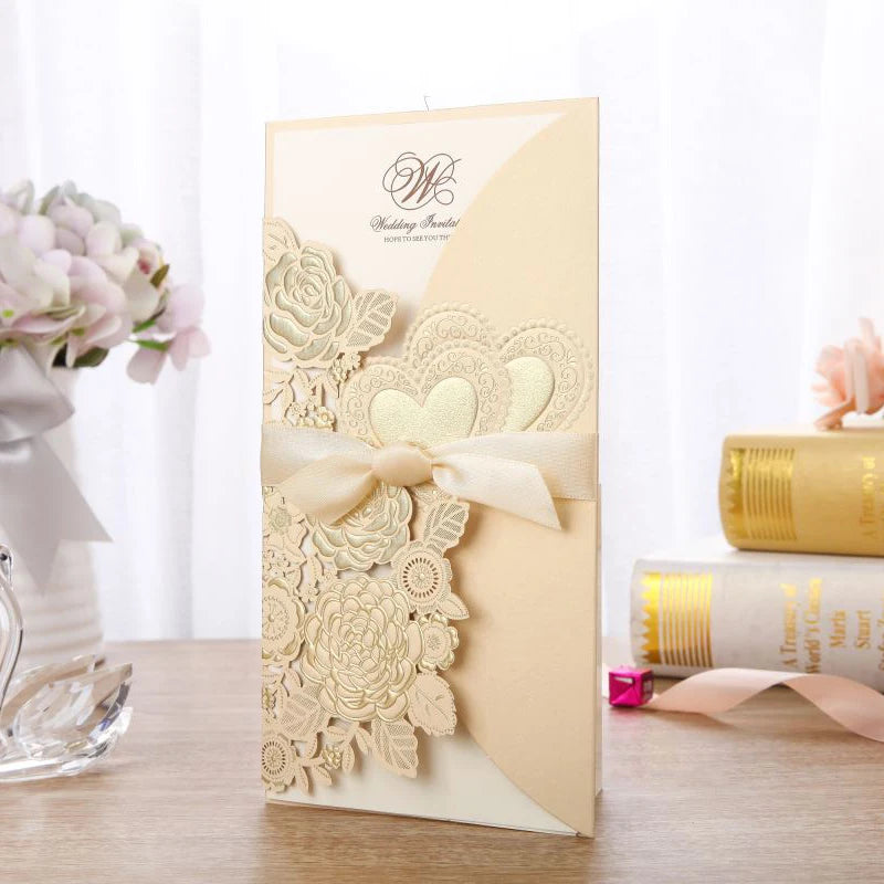 5/10 Pièces Cartes d'Invitation de Mariage Découpées au Laser Cœur d'Amour Personnalisées Cartes de Vœux avec Ruban Fournitures de Fête de Mariage ou de Douche Nuptiale