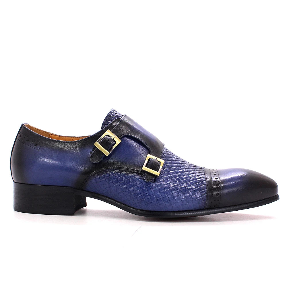 Classic Mens Dress Shoes Genuine Leather Double Buckle Monk Strap Cap Toe Blue Black Wedding Business Formal Suit Shoes for Men