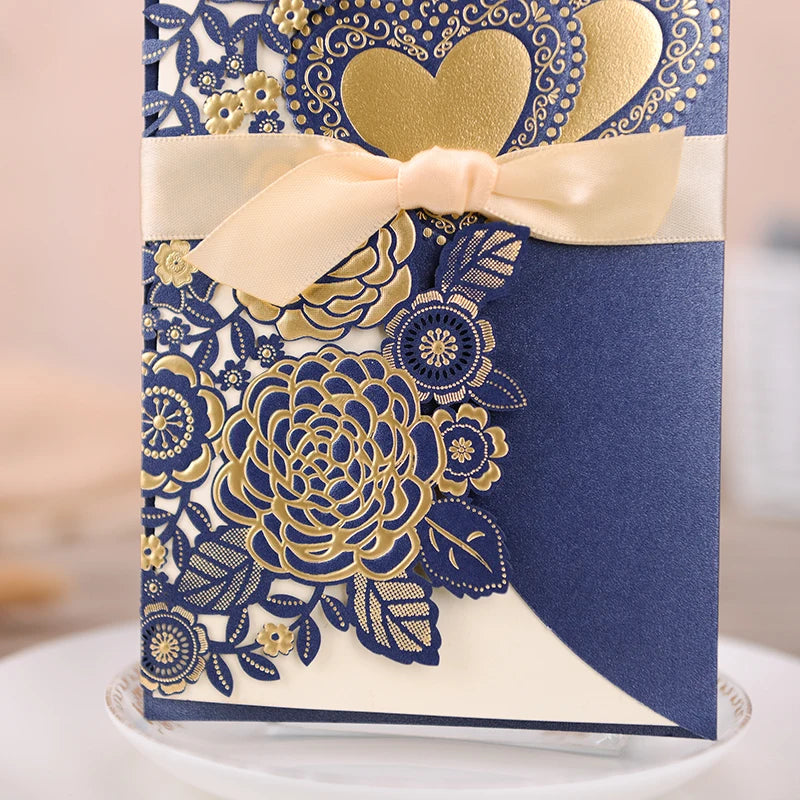 5/10 Pièces Cartes d'Invitation de Mariage Découpées au Laser Cœur d'Amour Personnalisées Cartes de Vœux avec Ruban Fournitures de Fête de Mariage ou de Douche Nuptiale