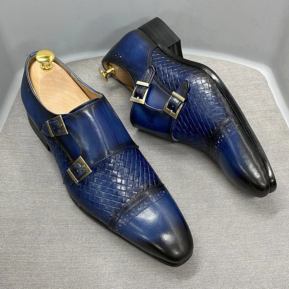 Classic Mens Dress Shoes Genuine Leather Double Buckle Monk Strap Cap Toe Blue Black Wedding Business Formal Suit Shoes for Men