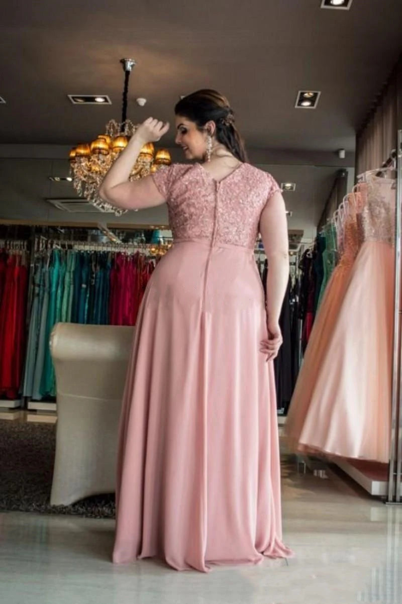 Robes courtes roses pour mère de la mariée, manches courtes, appliqués en dentelle, mousseline, vestido madre del novia, personnalisées