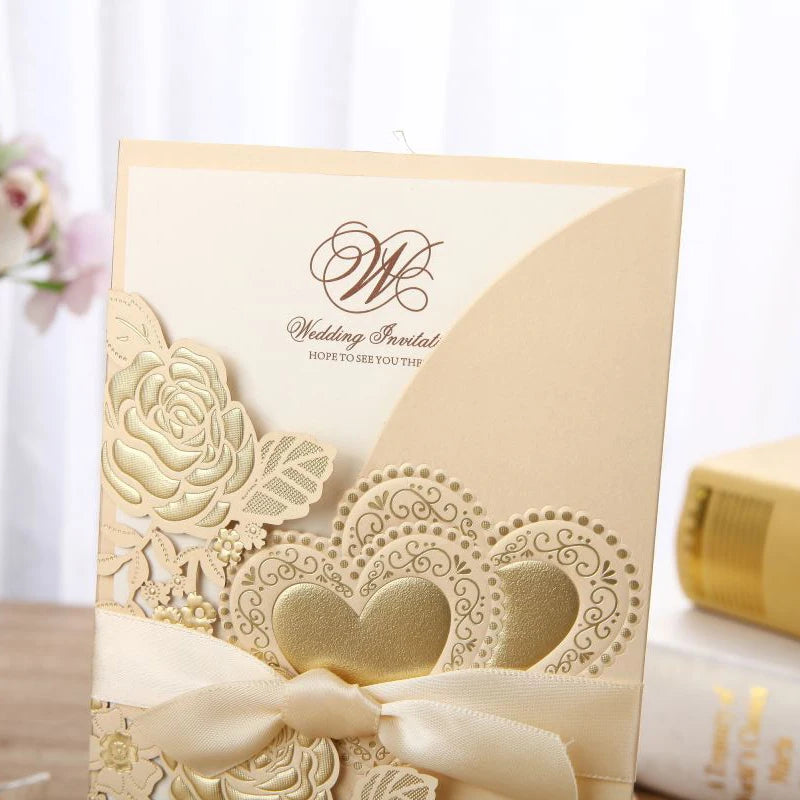 5/10 Pièces Cartes d'Invitation de Mariage Découpées au Laser Cœur d'Amour Personnalisées Cartes de Vœux avec Ruban Fournitures de Fête de Mariage ou de Douche Nuptiale